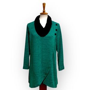 Ali Miles Green Space Dyed Cowl Neck Button Detail Asymmetrical Tunic Sweater